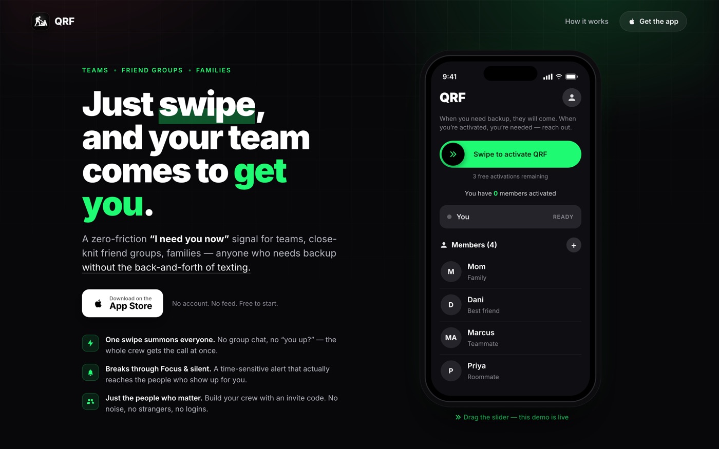 QRForce — one-swipe summon app landing page