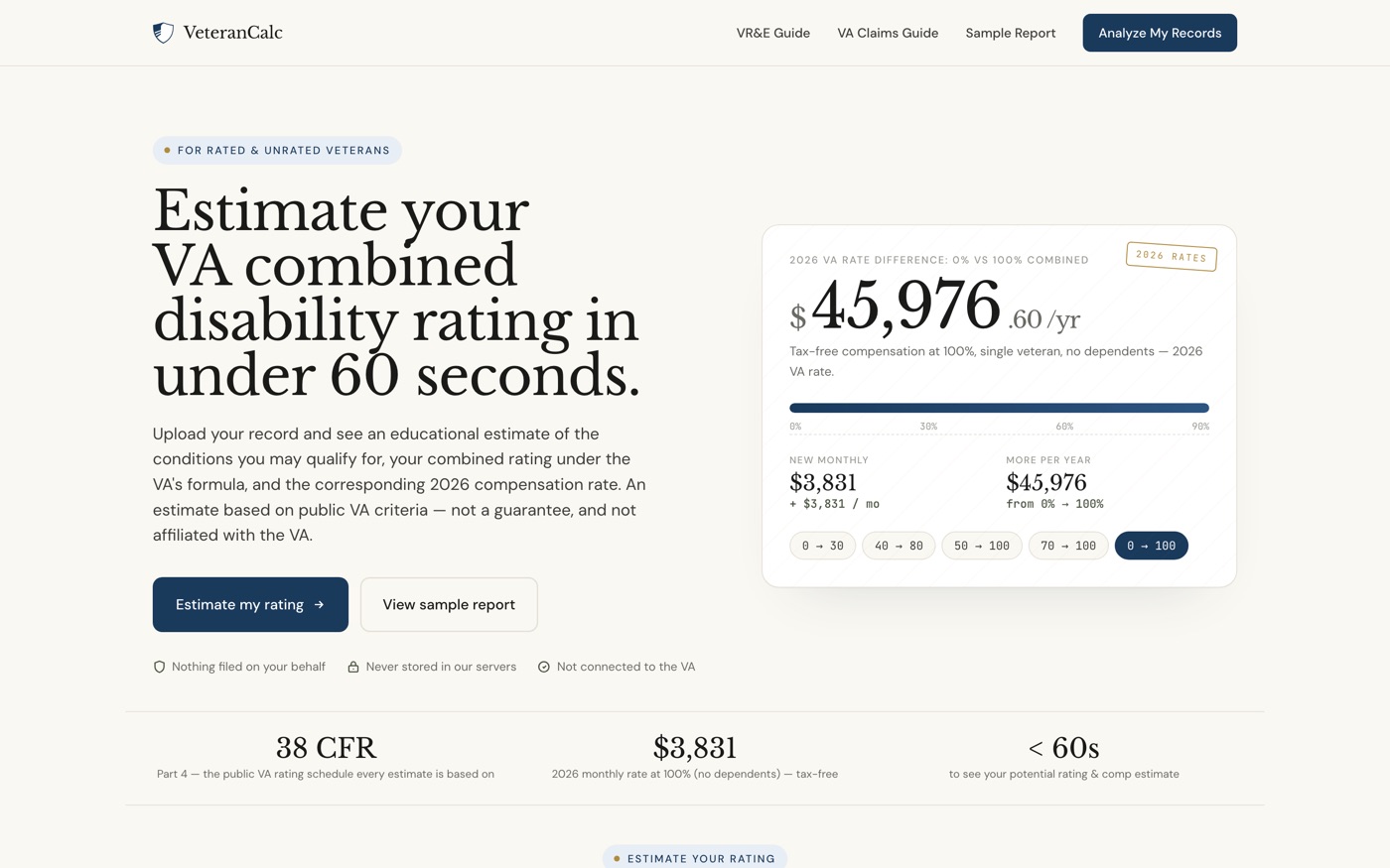 VeteranCalc — VA disability rating calculator landing page